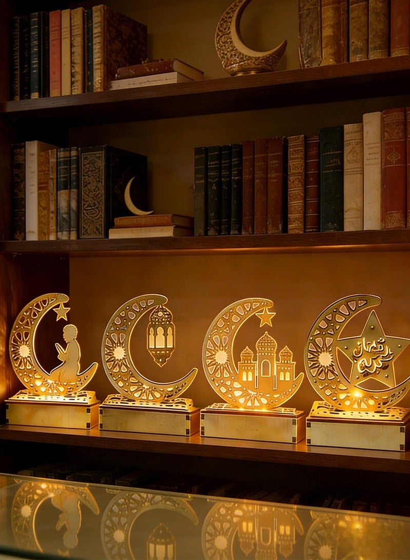 توبيتش 4 قطع من مصابيح زينة رمضان، مصابيح رمضان من الخشب المجوف المنحوت، مصابيح زينة رمضان ليلية للمكتب المنزلي - Image 1